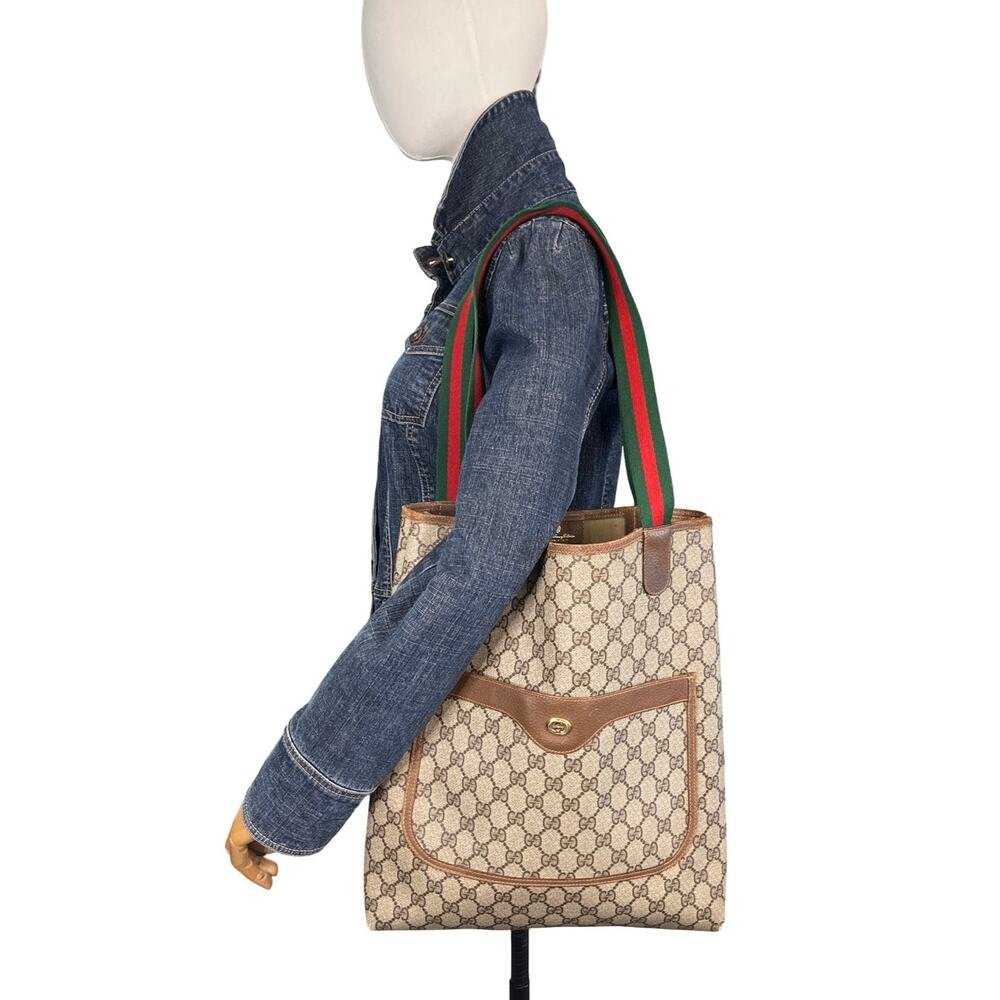 Gucci GG Supreme Sherry Line Tote Web Stripe Canvas Shopper Bag Italy Vintage - Picture 6 of 14